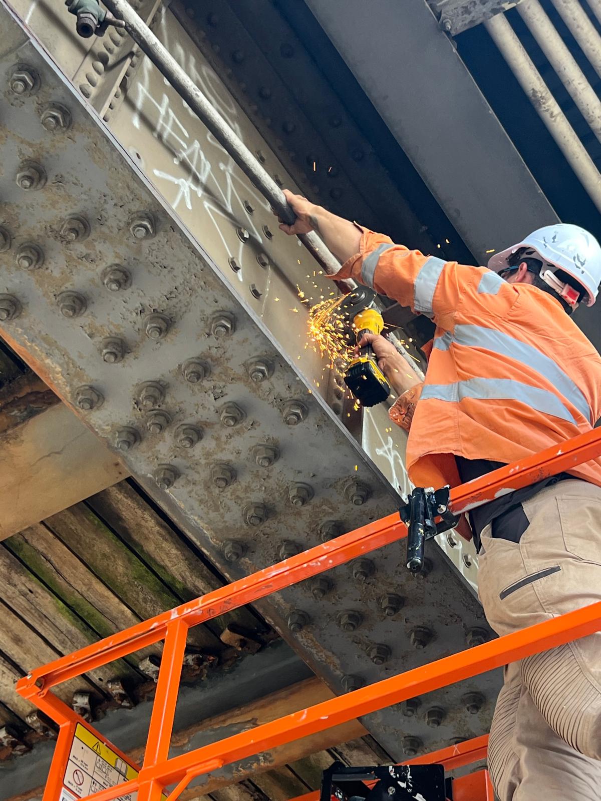 Steel grinding work on rail infrastructure